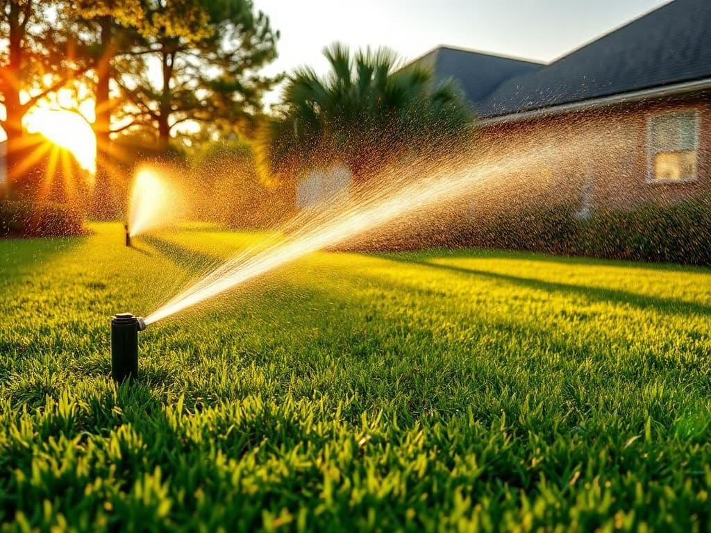 Sprinkler rotor spraying a fine arc of water over a residential lawn in Greater Houston