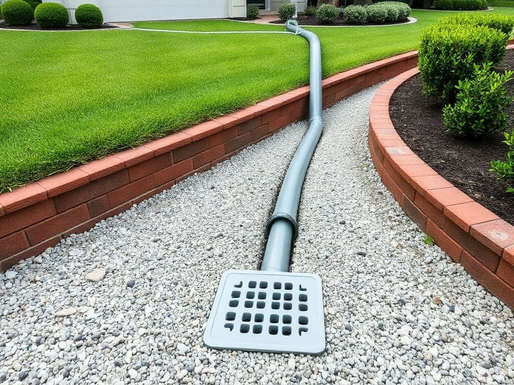 Freshly installed French drain along the back edge of a Houston residential lawn