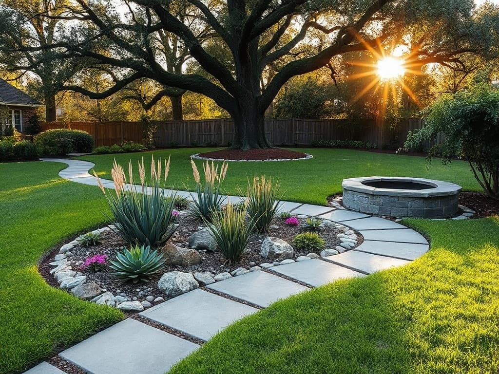 Professionally landscaped Houston backyard with curved flagstone path and fire pit
