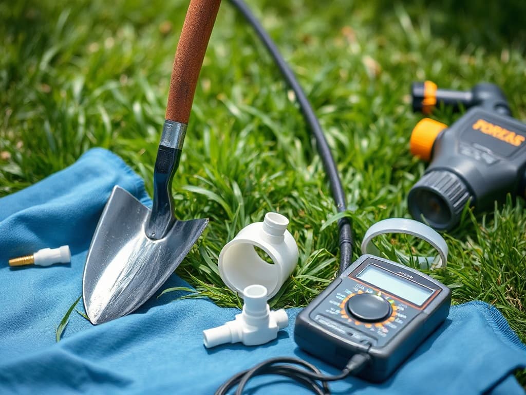 Sprinkler repair tools and replacement nozzles laid out on a residential lawn
